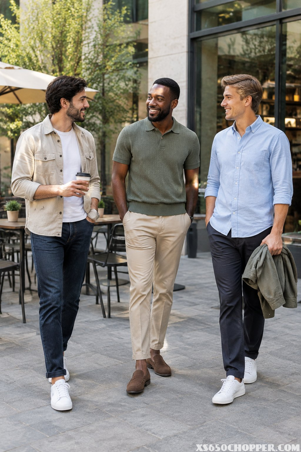Three men in casual outfits chat in a city courtyard.