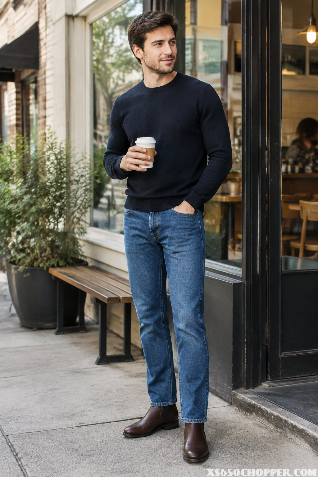 A man in a sweater, jeans, and boots stands outside a coffee shop holding a takeaway cup.