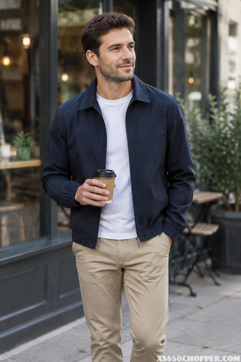 A man in a jacket, white T-shirt, and chinos stands outside a café holding a coffee.