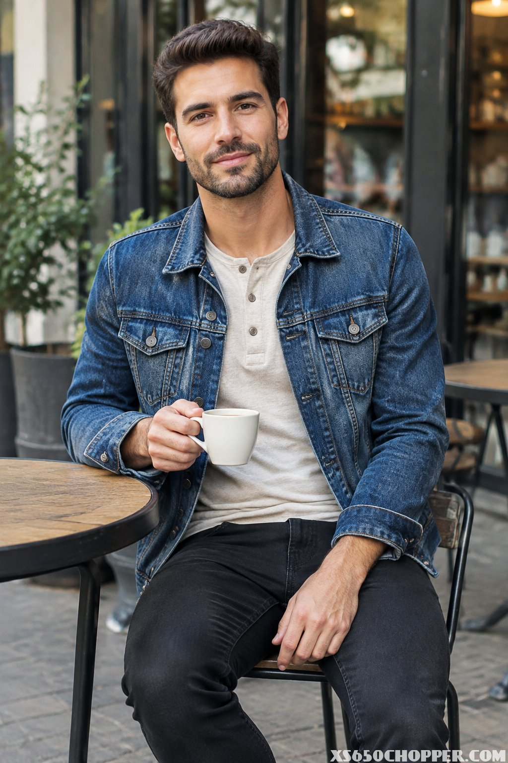 A man in a denim jacket, Henley shirt, and black jeans at a café.