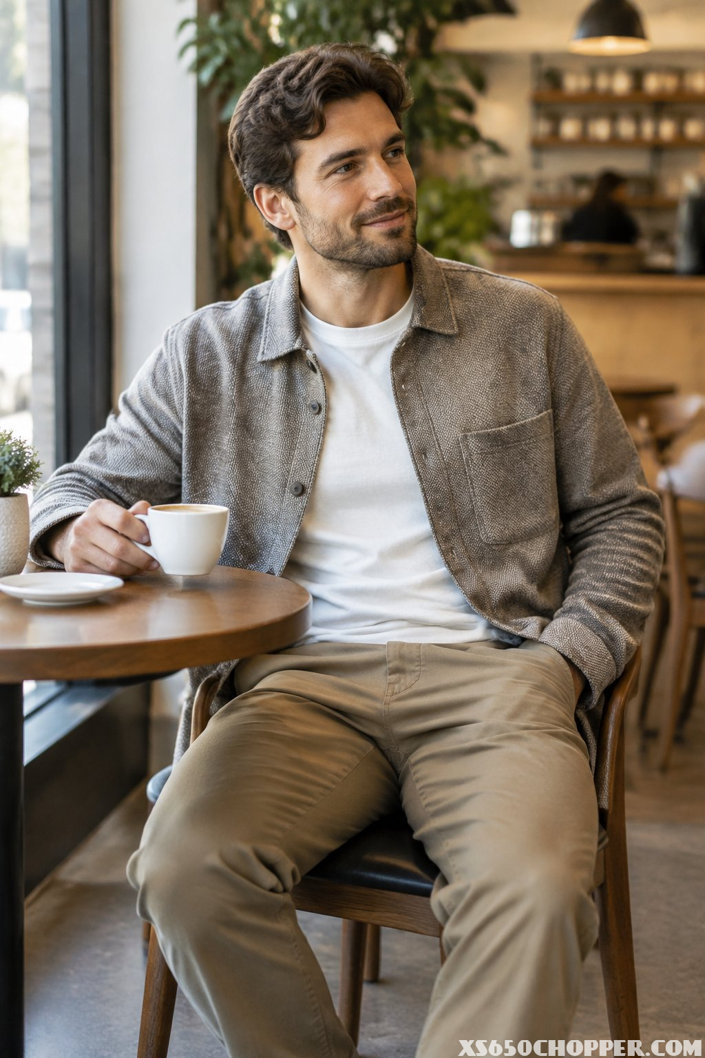 A man in an overshirt, T-shirt, and chinos at a café with a cup of coffee.