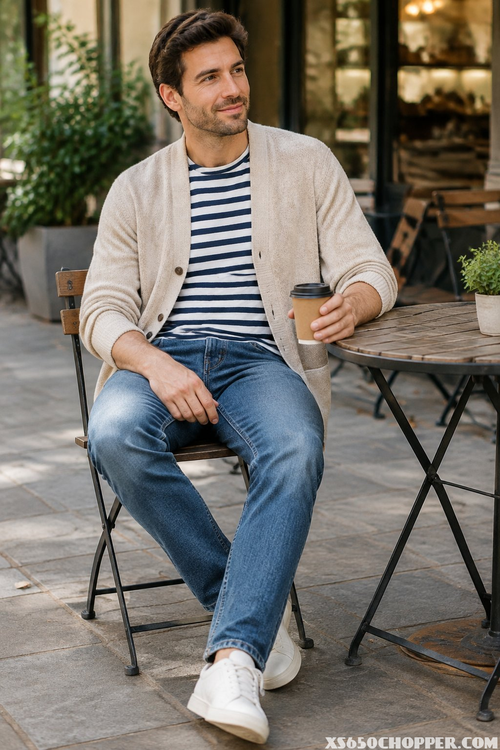 A man in a cardigan, striped shirt, and jeans holding a coffee outside a café.