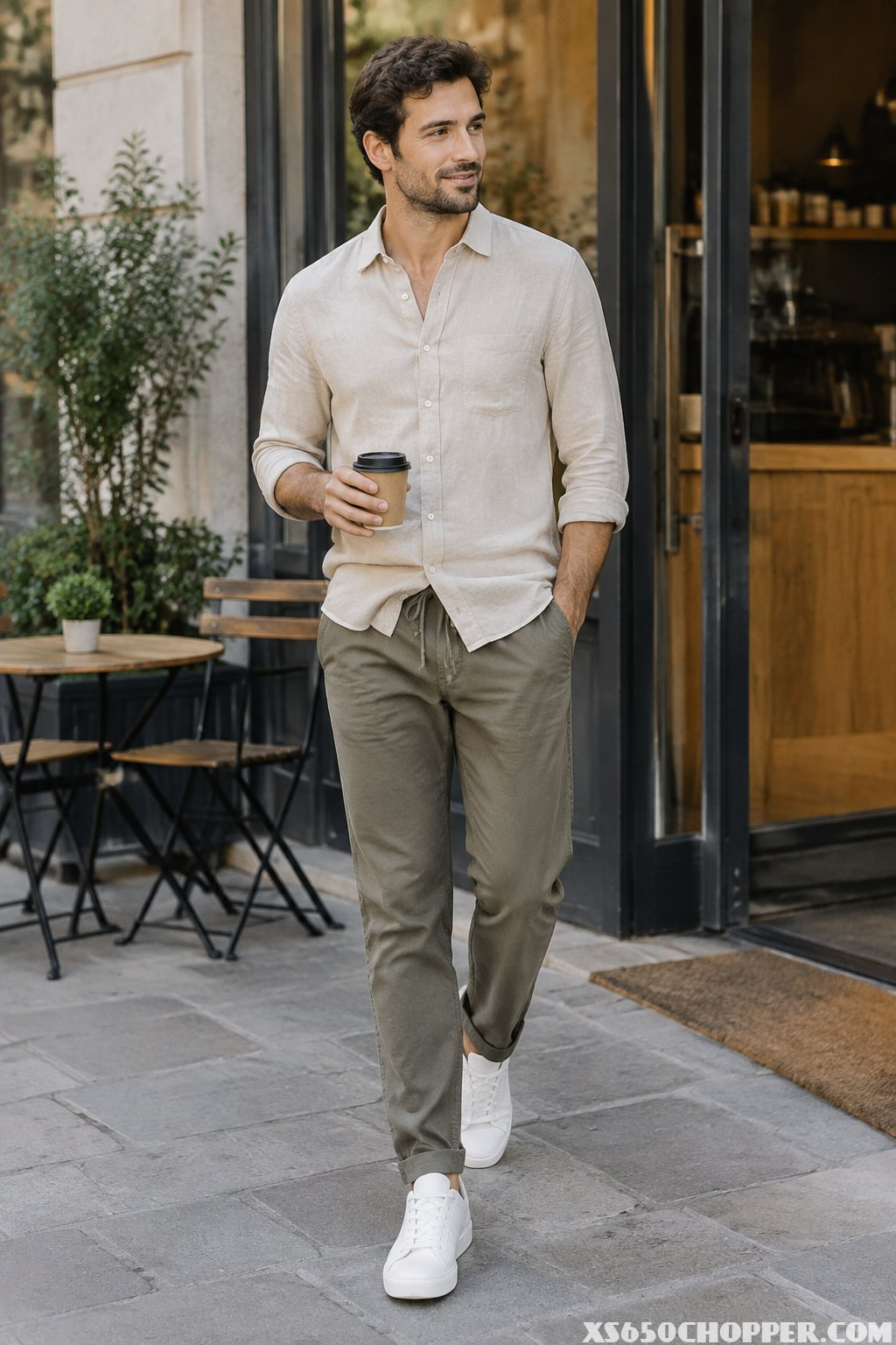 A man in a linen shirt, drawstring trousers, and sneakers outside a café with a coffee cup.