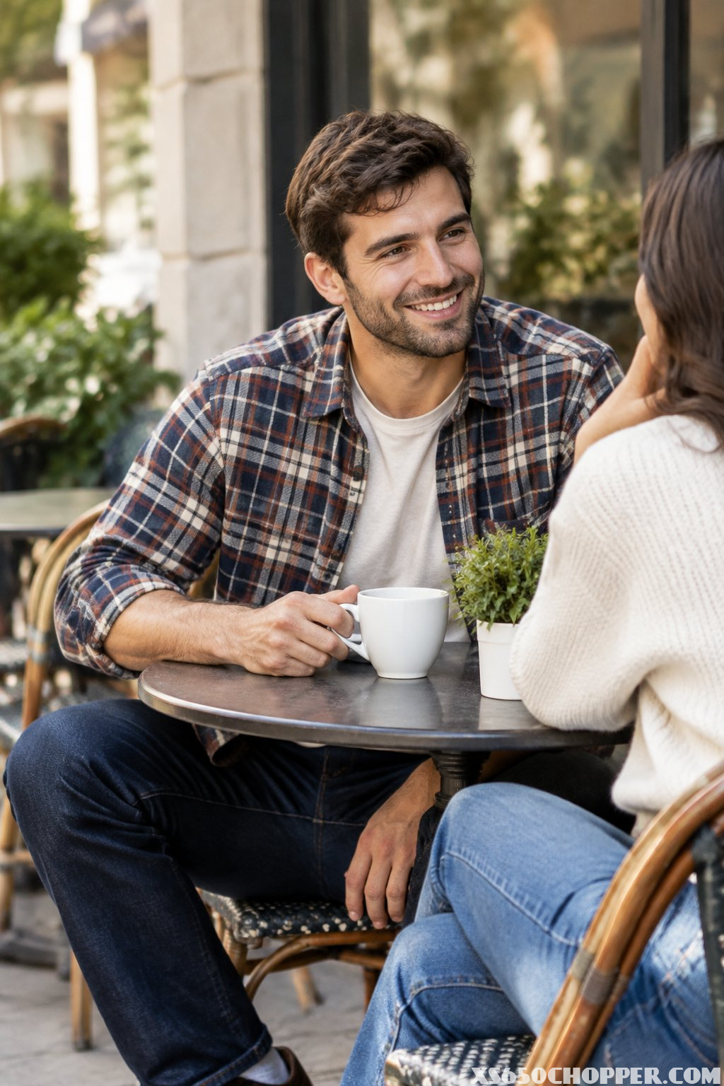 A man in a flannel shirt, neutral T-shirt, and dark jeans sits at a café with a coffee.