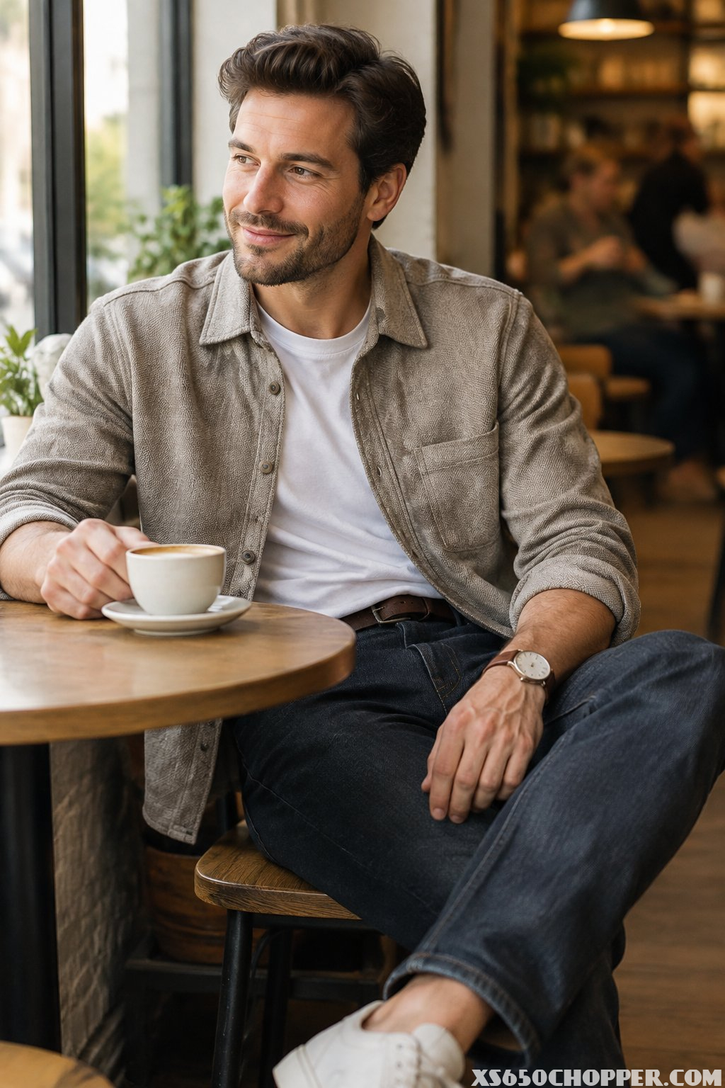 A man in a casual outfit sits at a café table with a cup of coffee.
