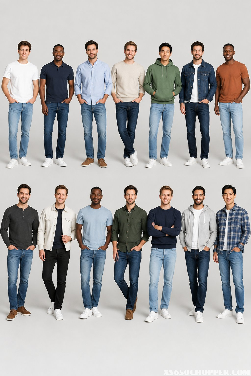 Fourteen men stand together wearing jeans and casual tops.