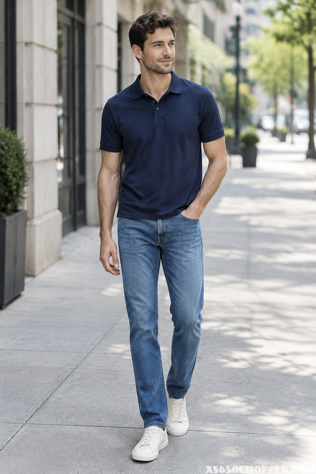 A man wearing a navy polo shirt, blue jeans, and leather sneakers stands on a sidewalk.