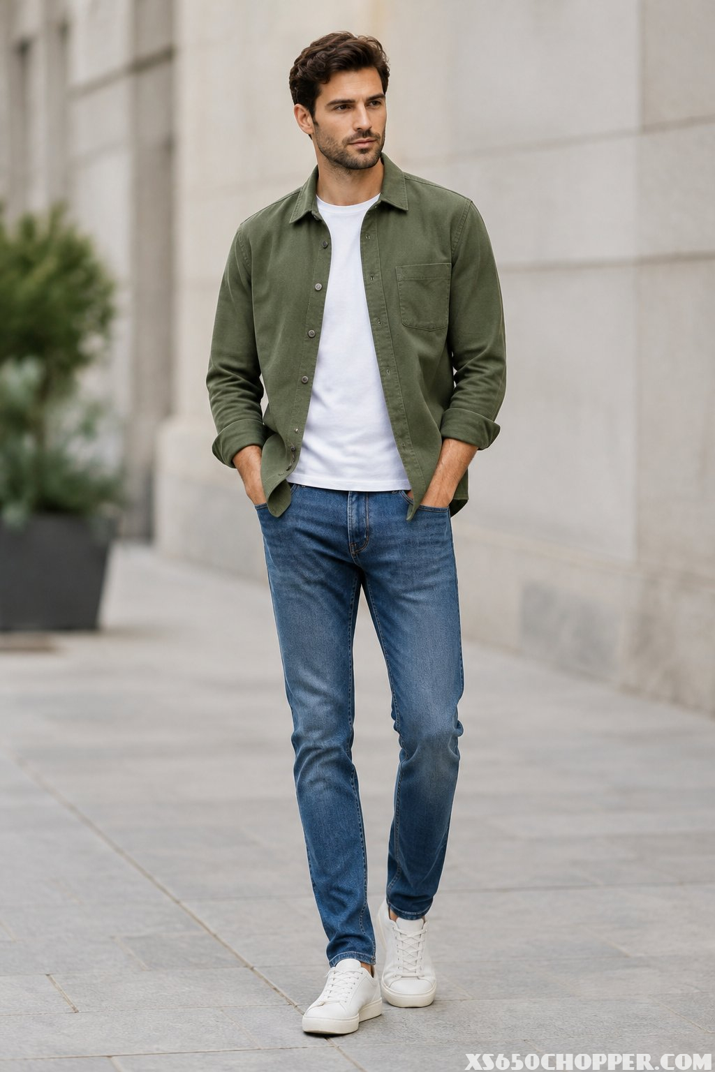 A man wearing an olive overshirt, white T-shirt, and slim blue jeans.