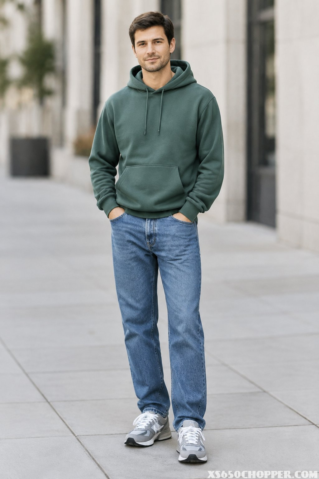 A man wearing a hoodie, relaxed jeans, and running sneakers stands on a sidewalk.
