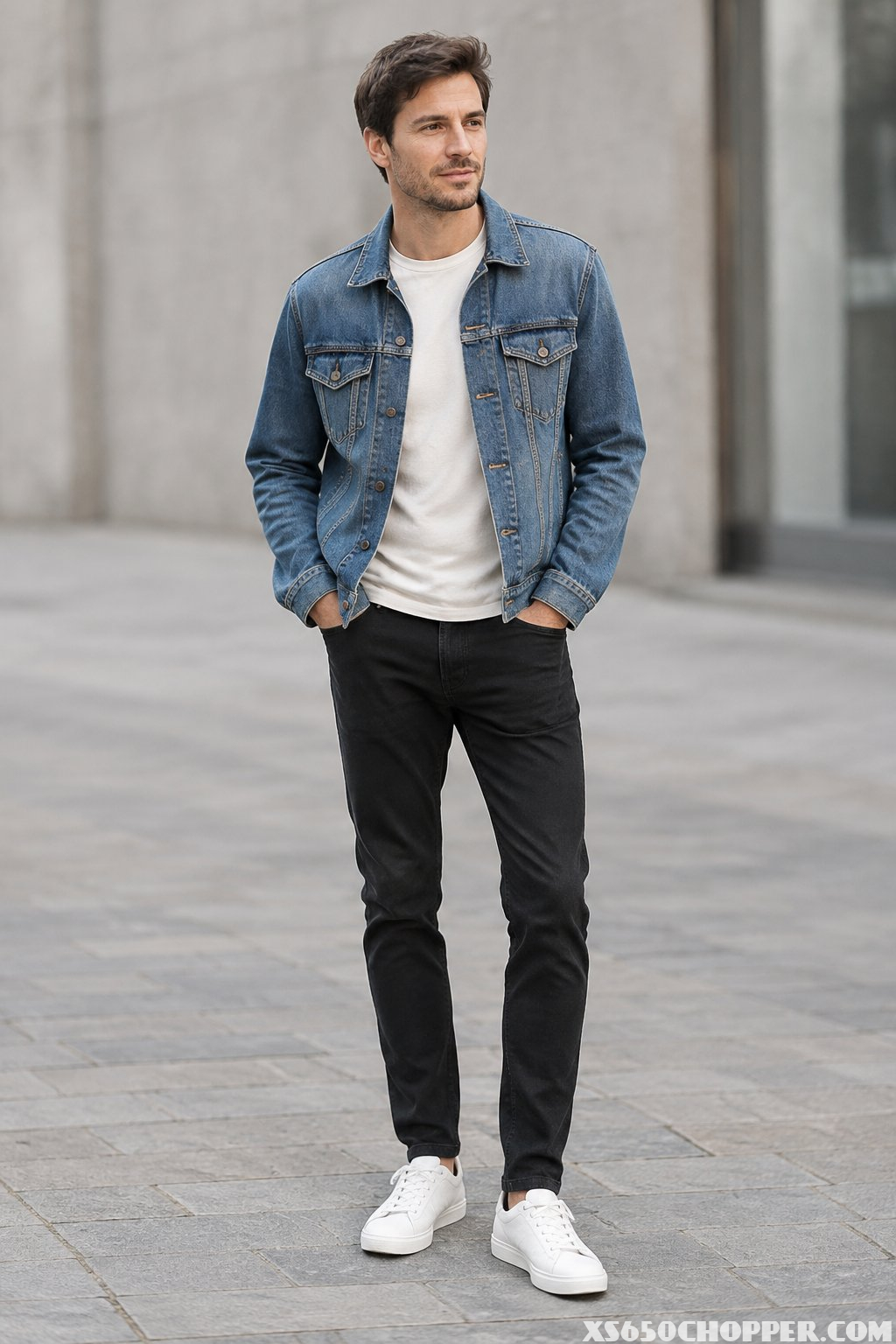 A man wearing a denim jacket, ecru T-shirt, and black jeans.