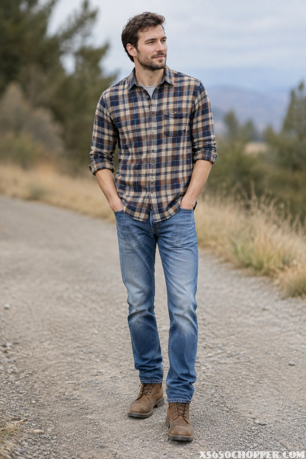 A man wearing a checked shirt, faded jeans, and brown boots stands outdoors.