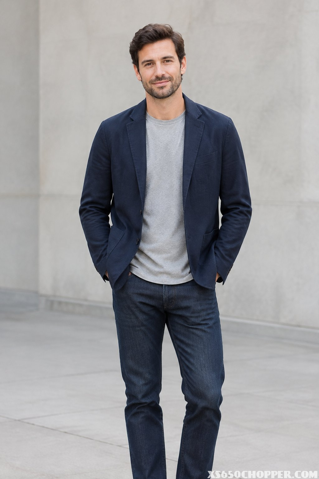 A man wearing a navy blazer, gray T-shirt, and dark jeans.