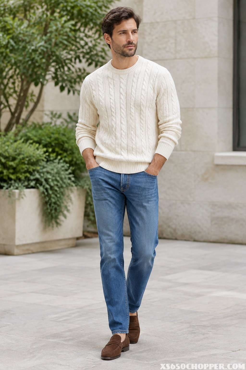 A man wears a cream sweater, blue jeans, and brown loafers.