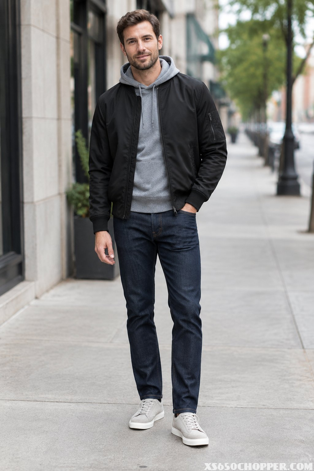 A man stands on a city sidewalk wearing a black jacket, gray hoodie, and tapered jeans.