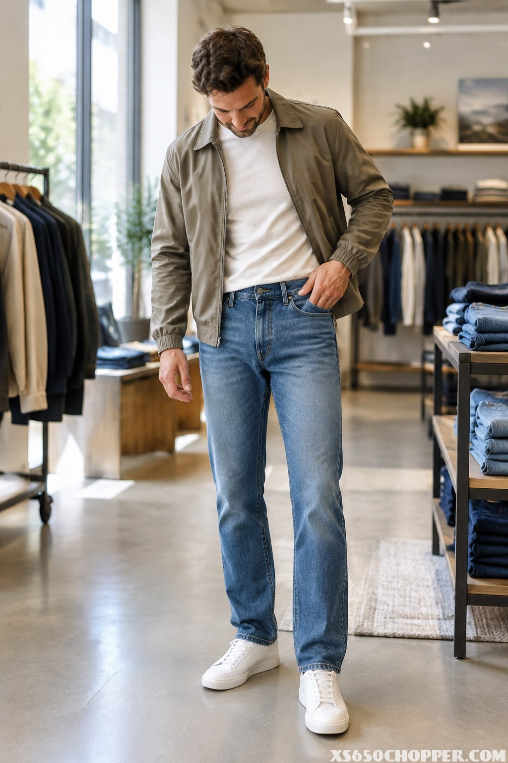 A man checks the fit of blue jeans in a clothing store.