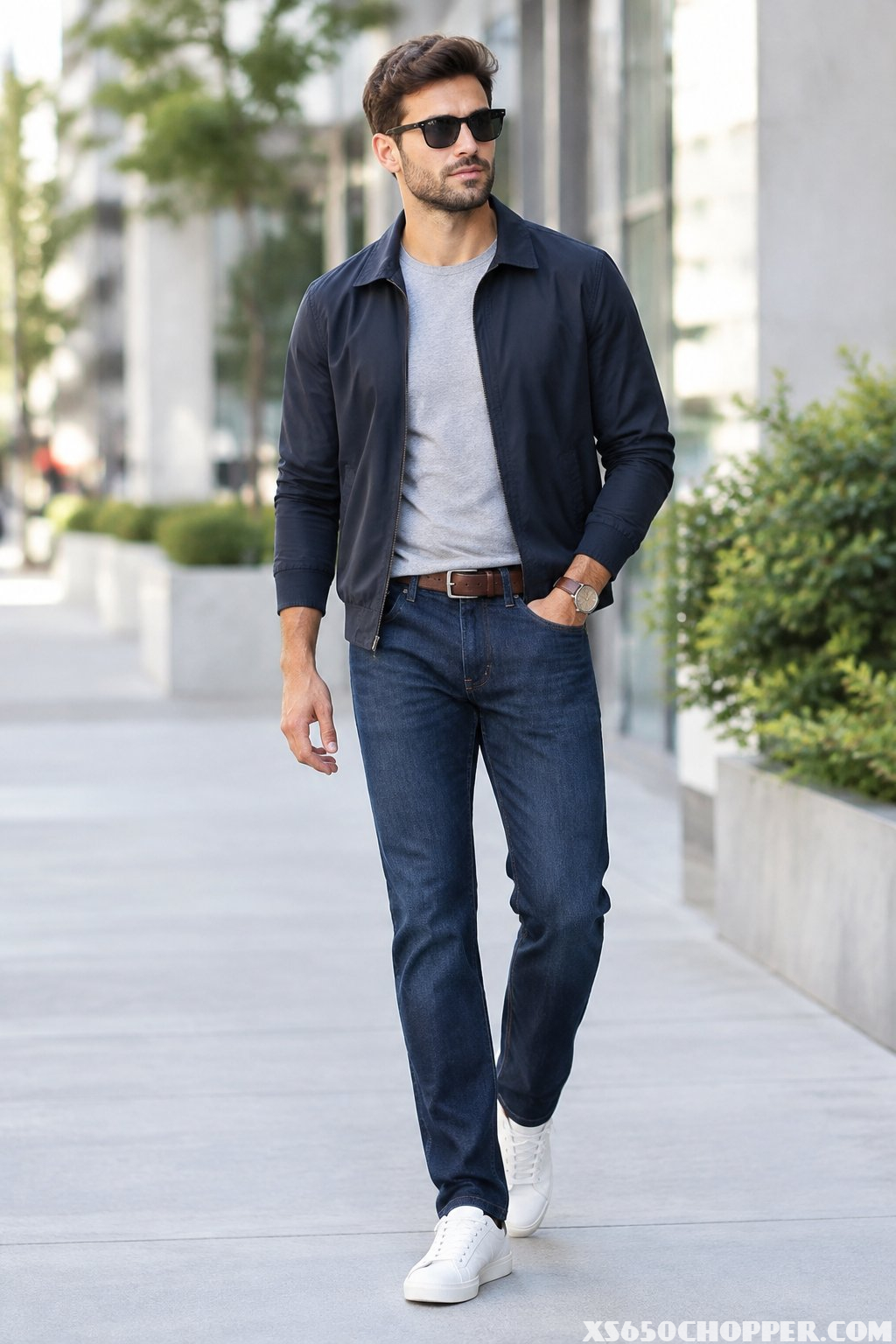 A man wearing jeans, a casual jacket, sneakers, and accessories.