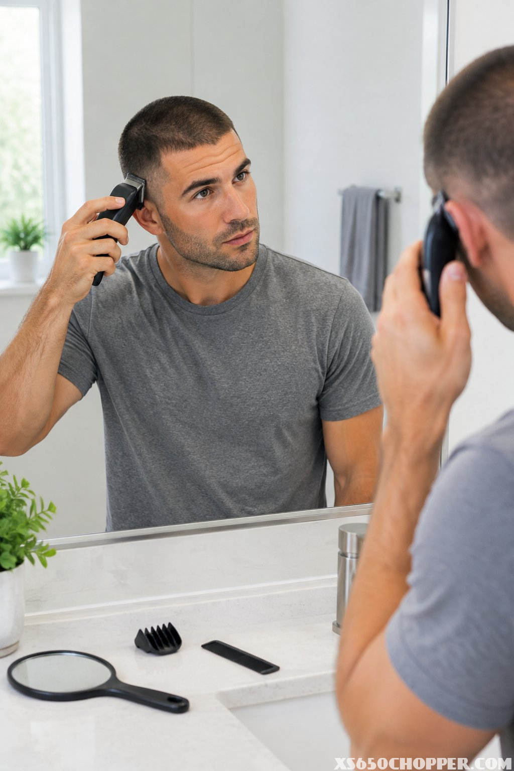 A man trims the side of his buzz cut with electric clippers in a bathroom.