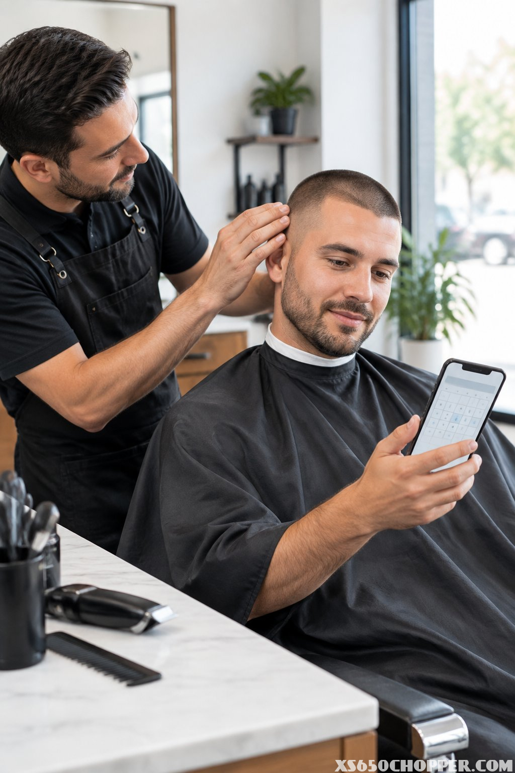 A barber checks a man's buzz cut as he plans his next trim.