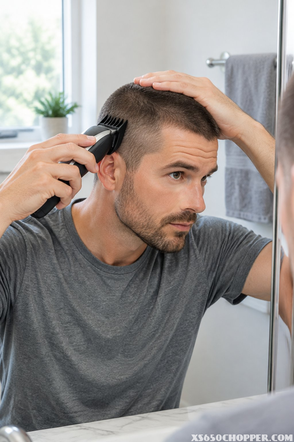 A man uses guarded electric clippers to trim his short hair in front of a mirror.