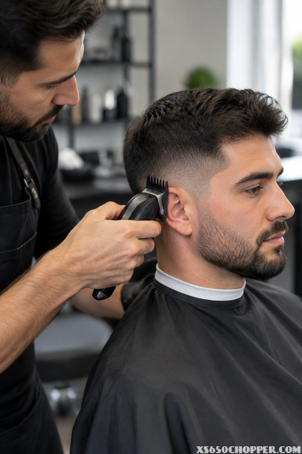 A barber uses a guarded clipper to refine a client’s fade haircut.