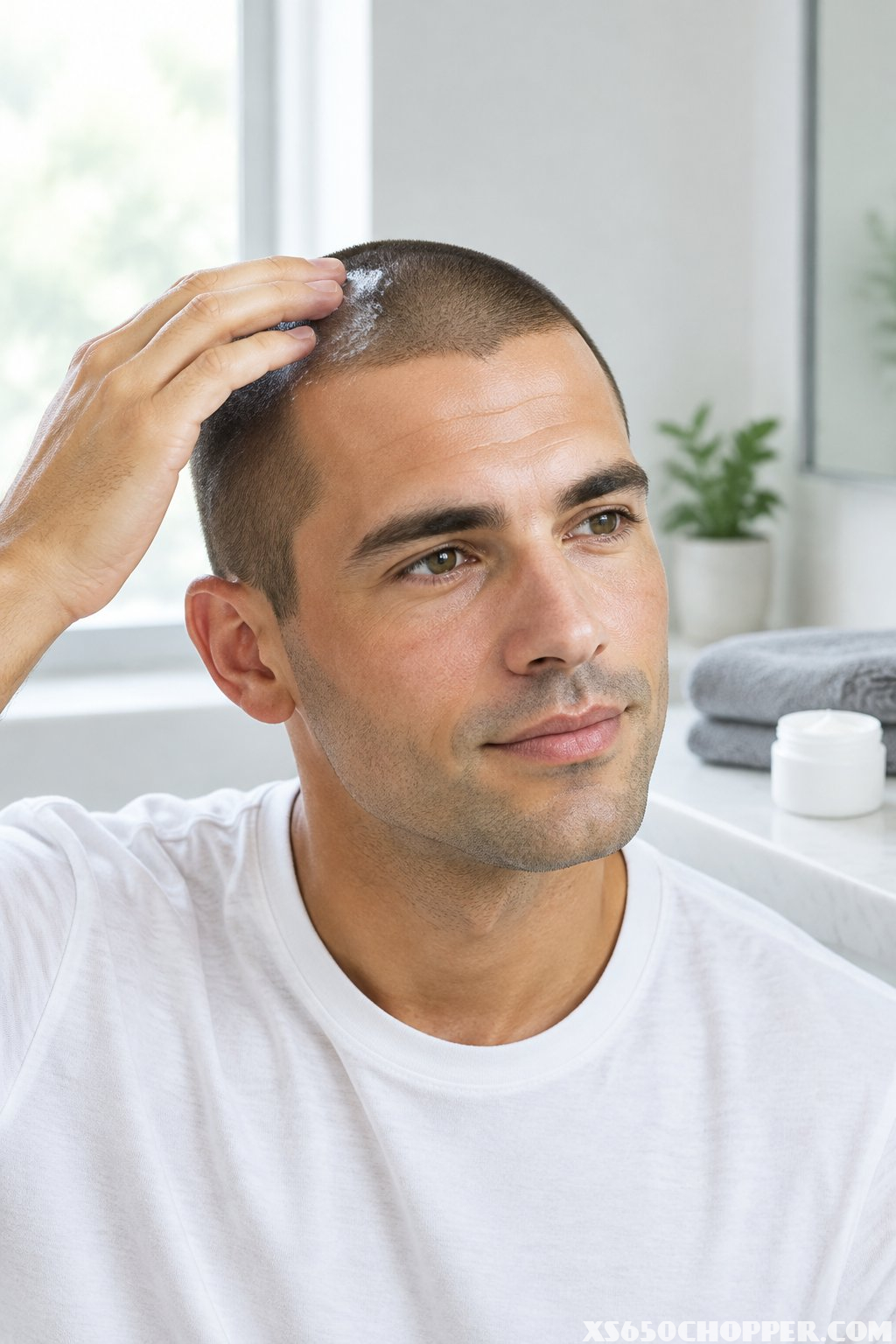 A man with a buzz cut gently applies moisturizer to his scalp in a bathroom.