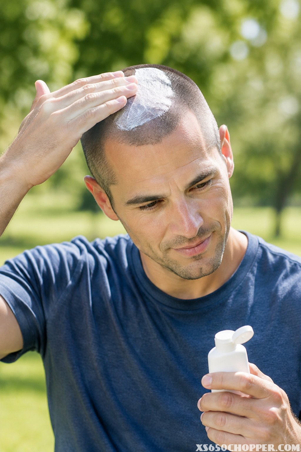 A man applies sunscreen to his buzz-cut scalp outdoors.