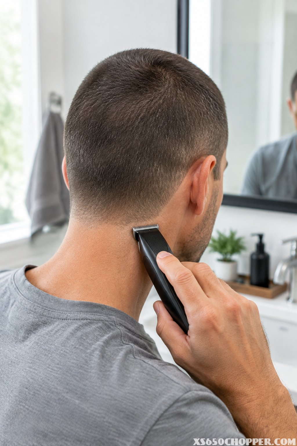A man uses a detail trimmer to tidy the hairline at the back of his neck.