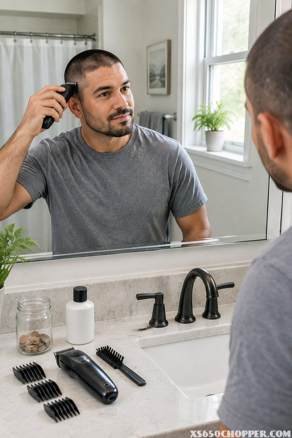 A man trims his close-cropped hair with electric clippers at a bathroom sink.
