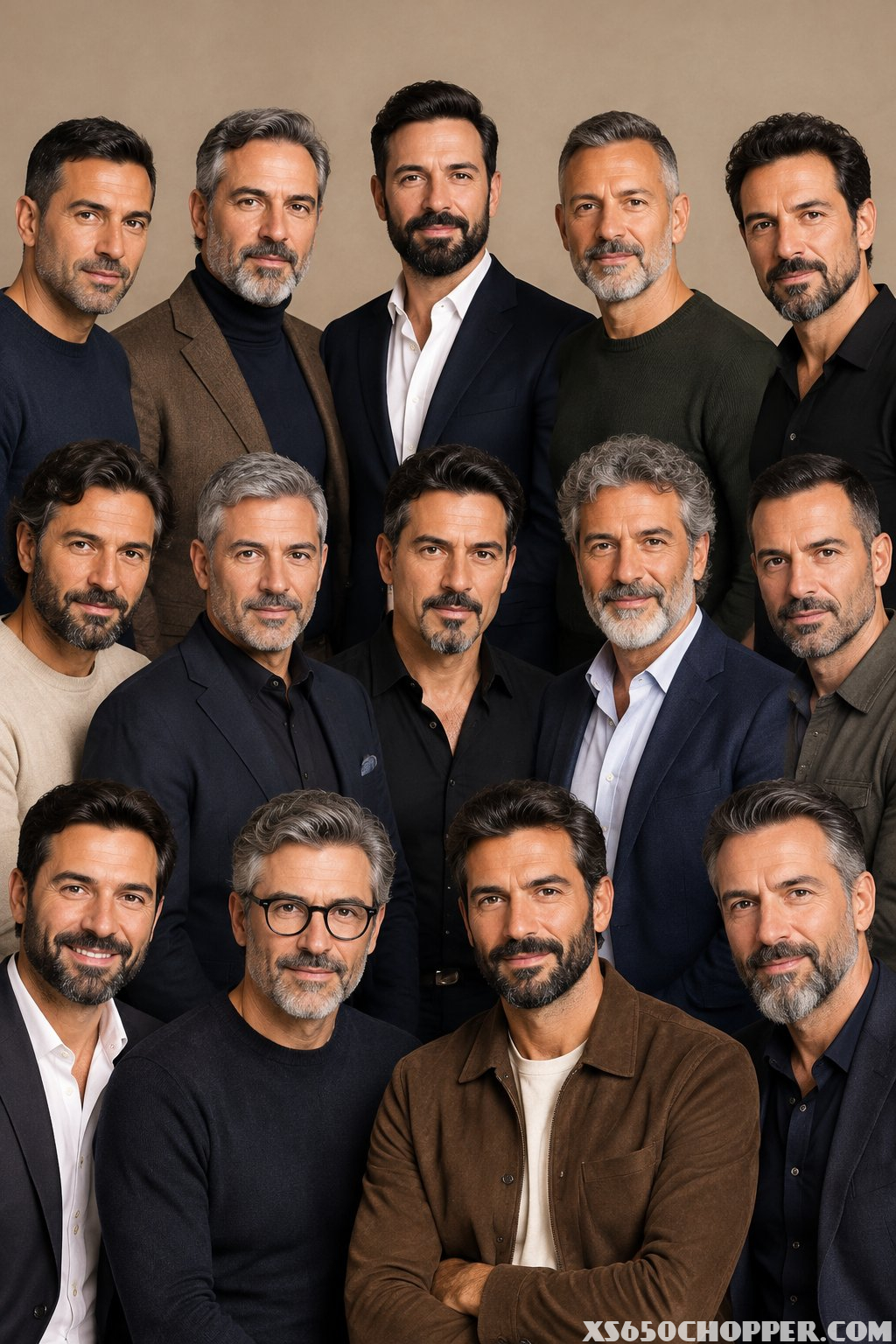 A group of fifteen middle-aged men with a variety of neatly groomed beards.
