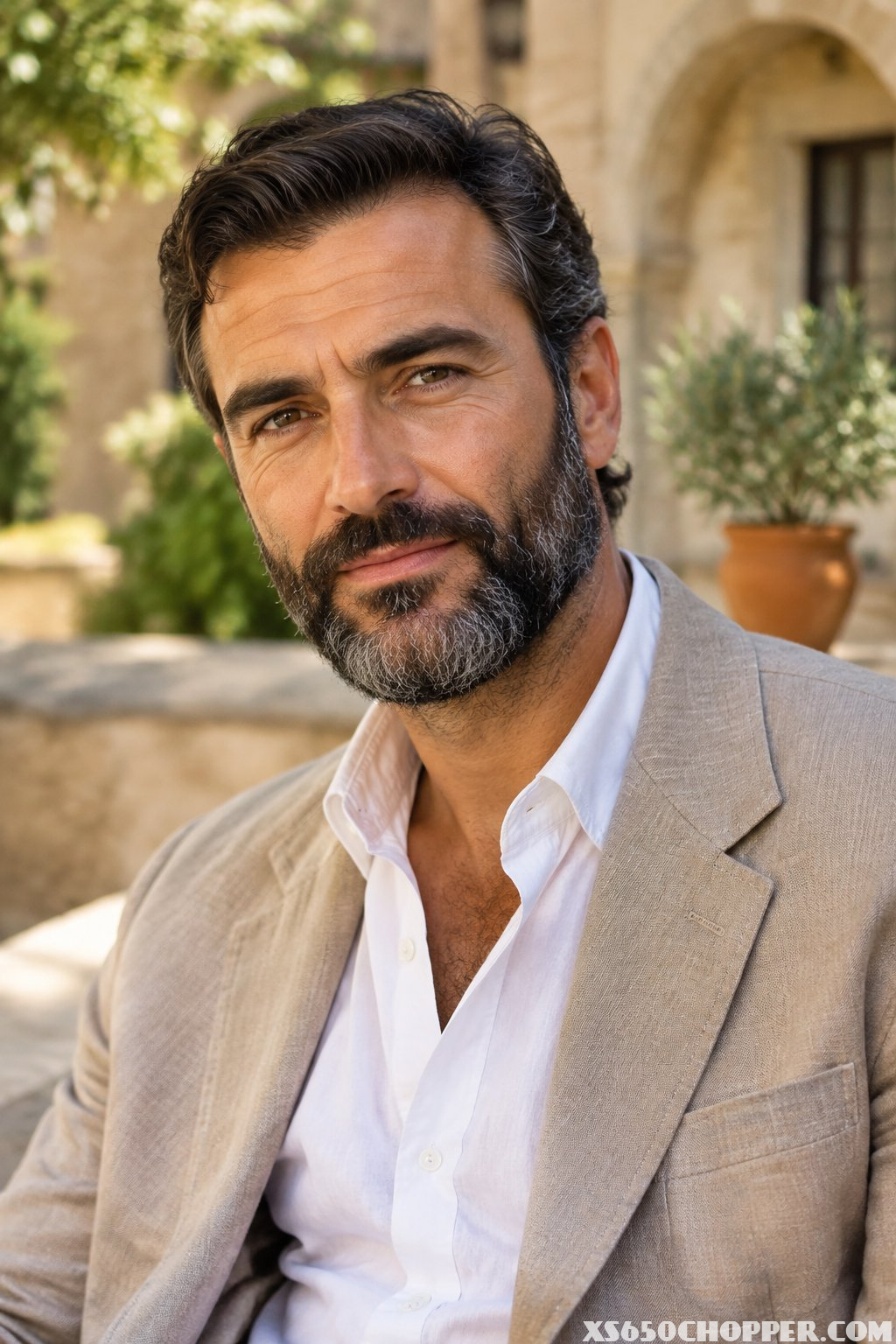A bearded man stands in a sunlit courtyard.