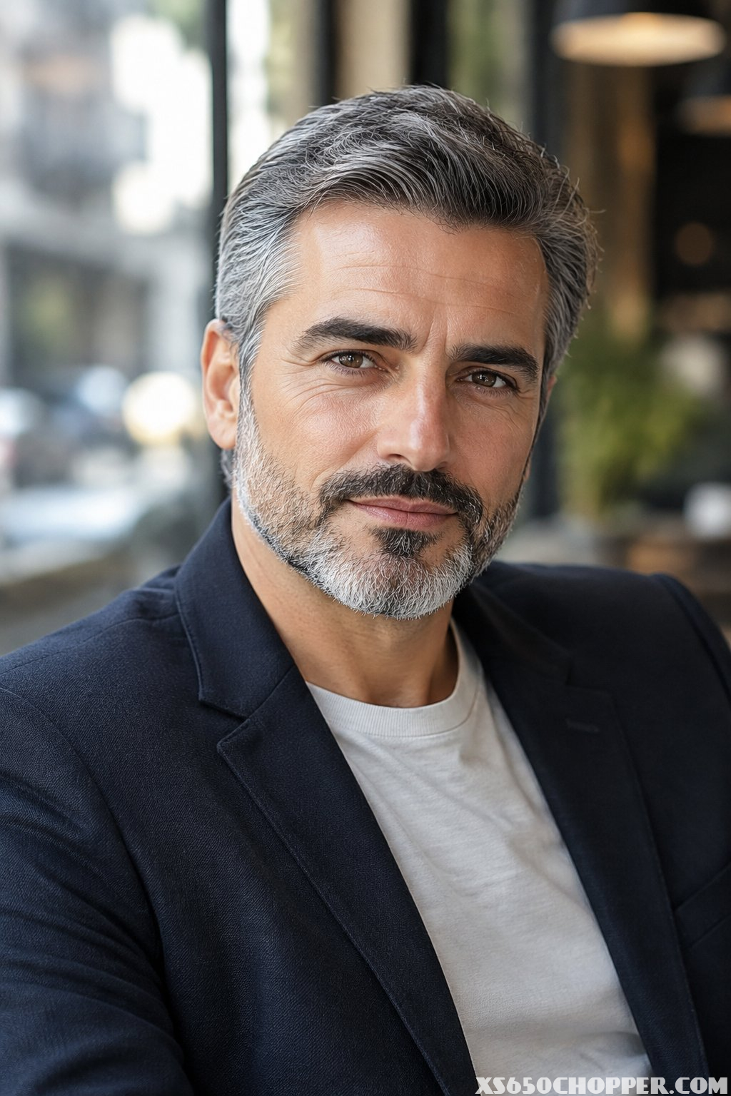 A man with a salt-and-pepper beard poses in a café.