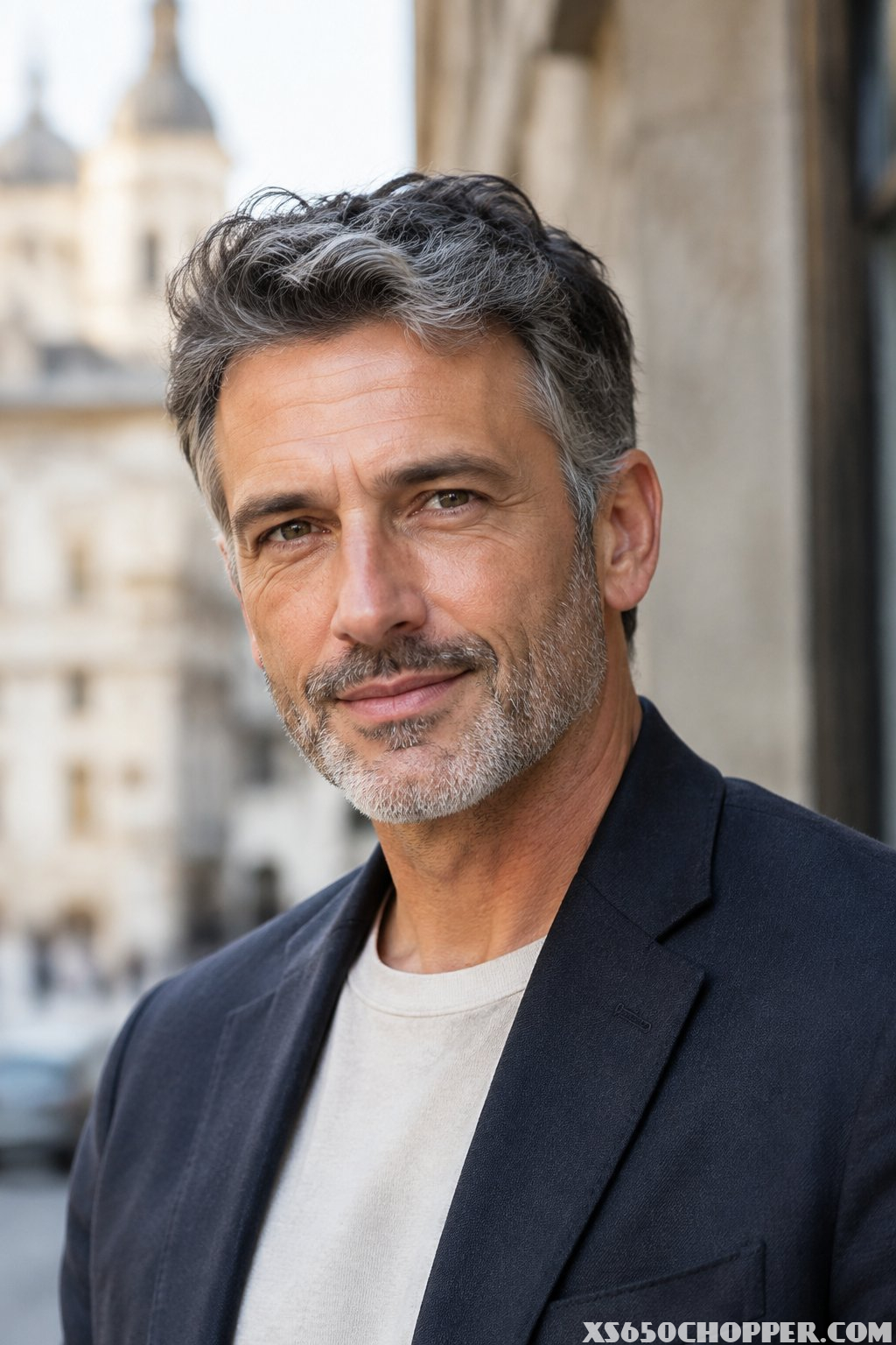 A middle-aged man with neatly groomed stubble stands in a softly lit urban setting.