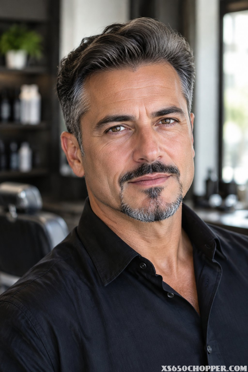 A man with a neatly groomed beard sits in a barbershop.