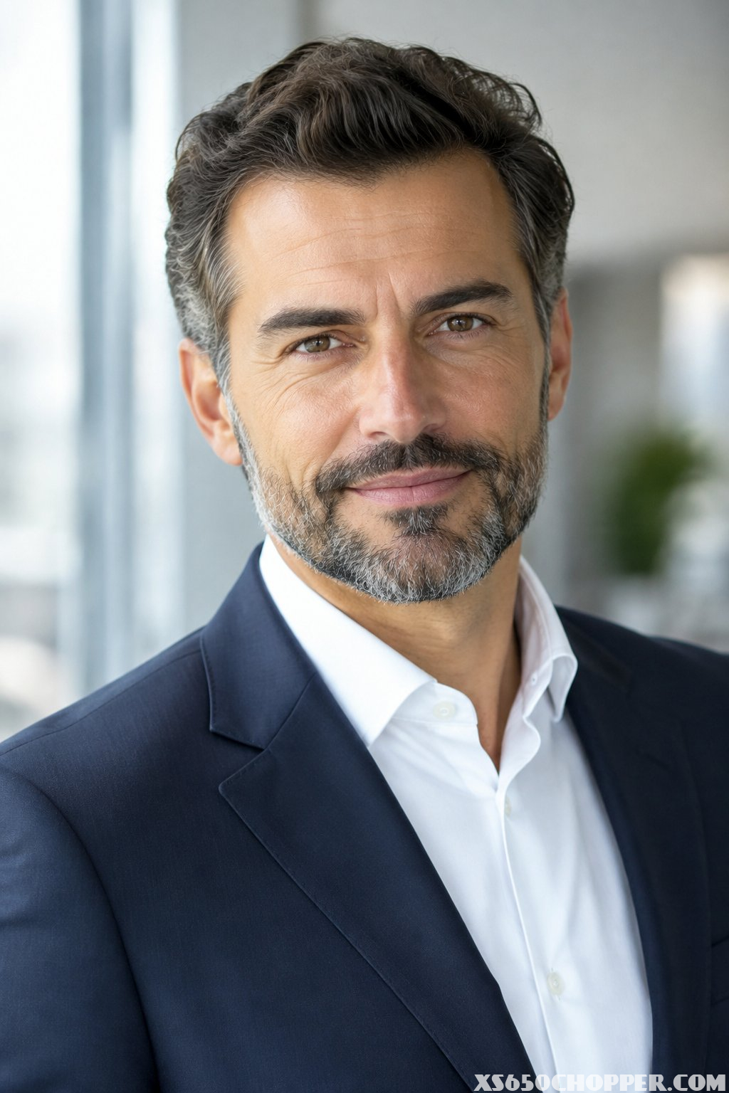 A man in a suit stands in an office.