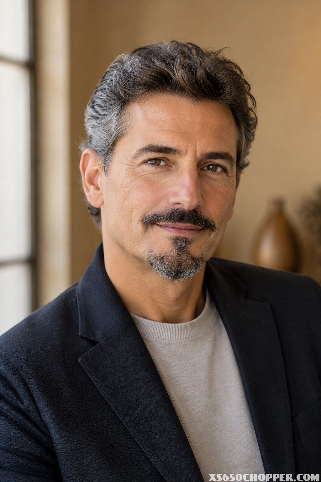 A man with a neatly groomed beard poses indoors.