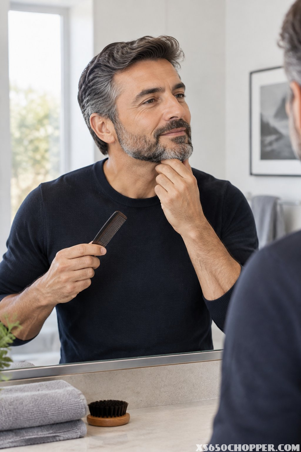 A man checks his neatly groomed beard in a mirror.