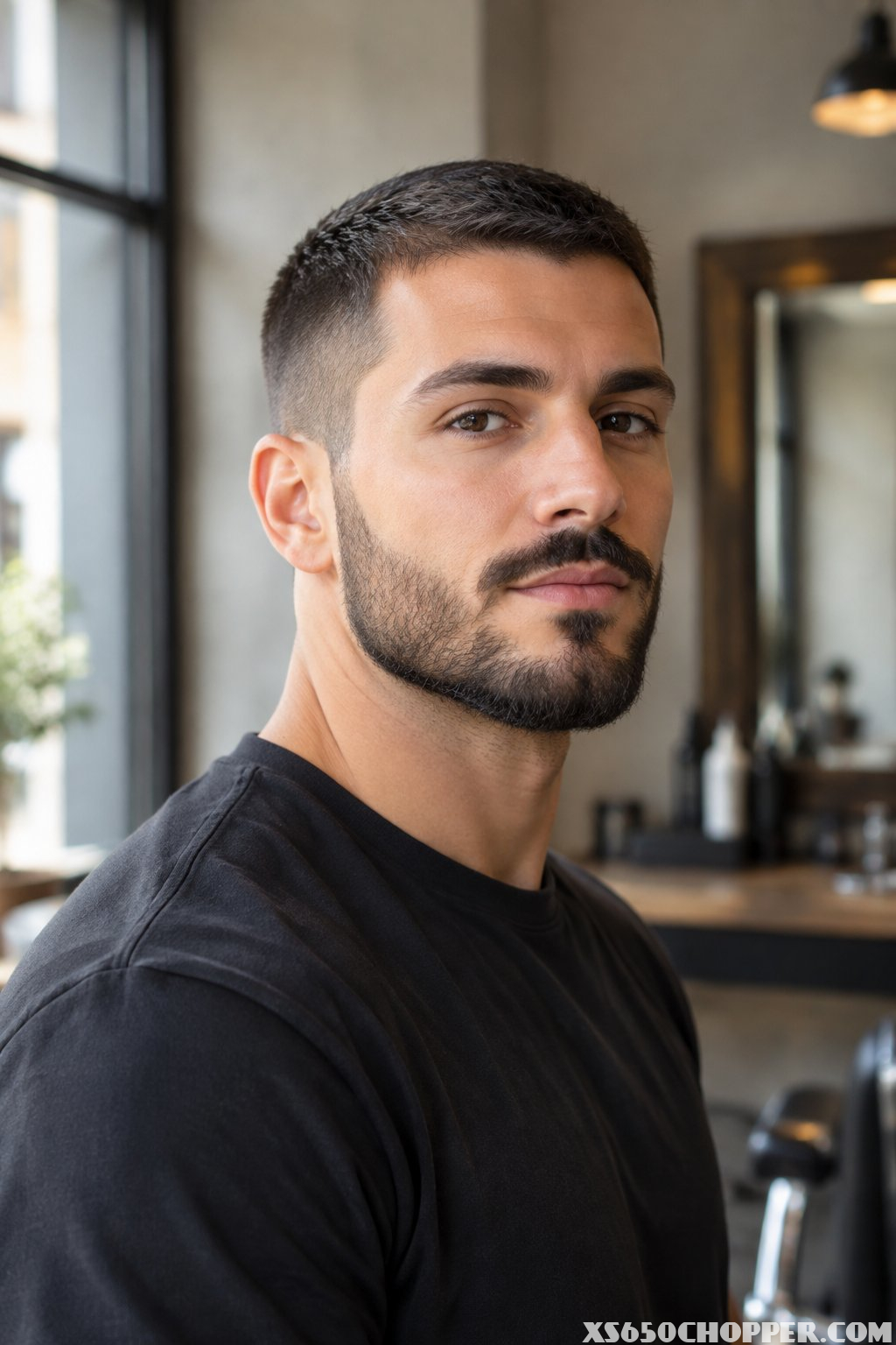 A man poses in a barbershop.