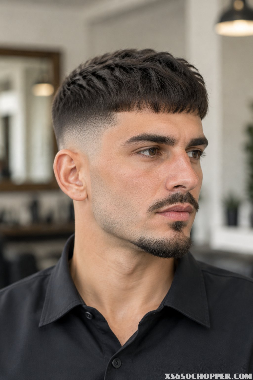 A man poses in a softly lit barbershop.