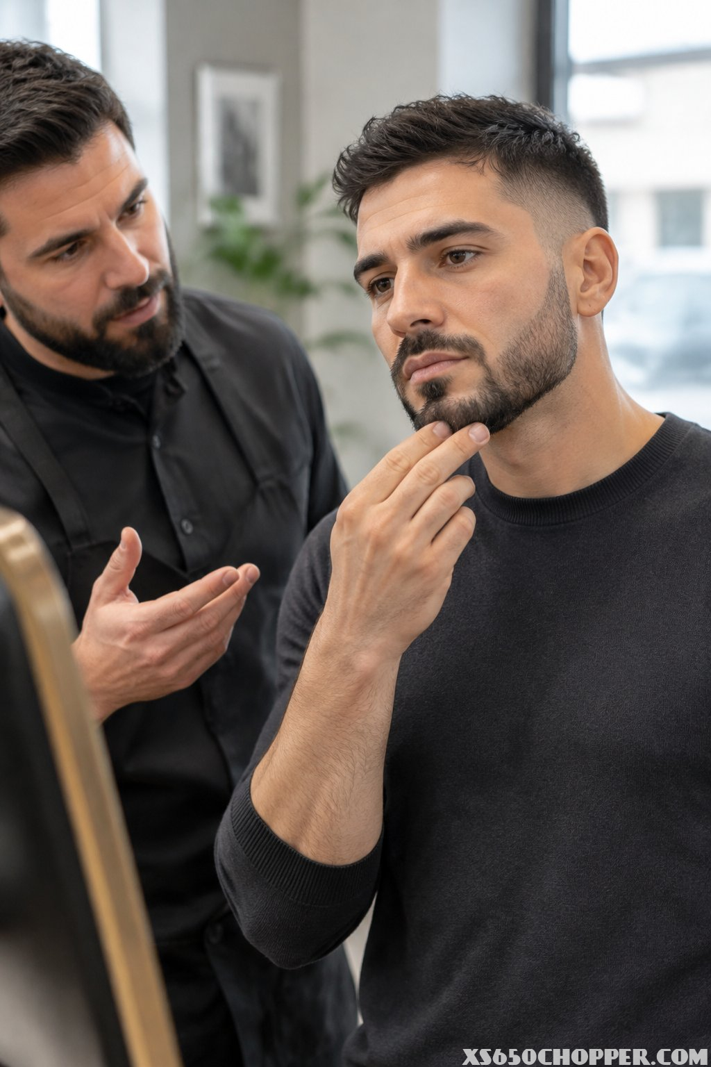 A man considers grooming options in a barbershop.