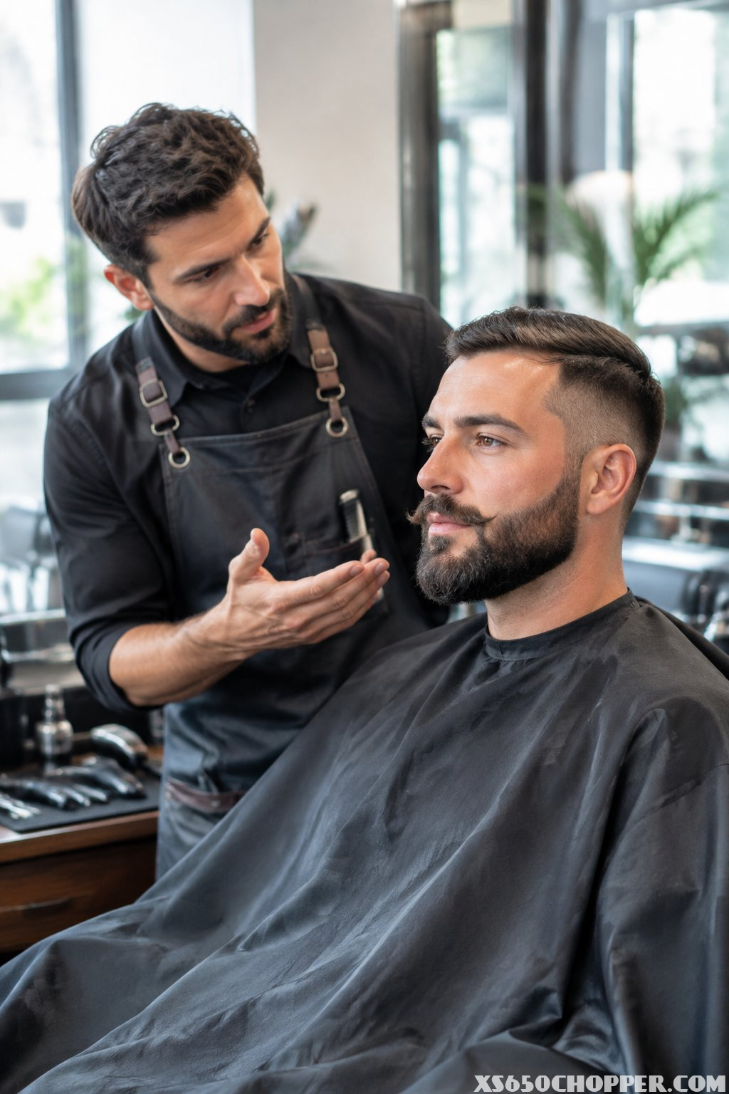A man talks with his barber in a barbershop.