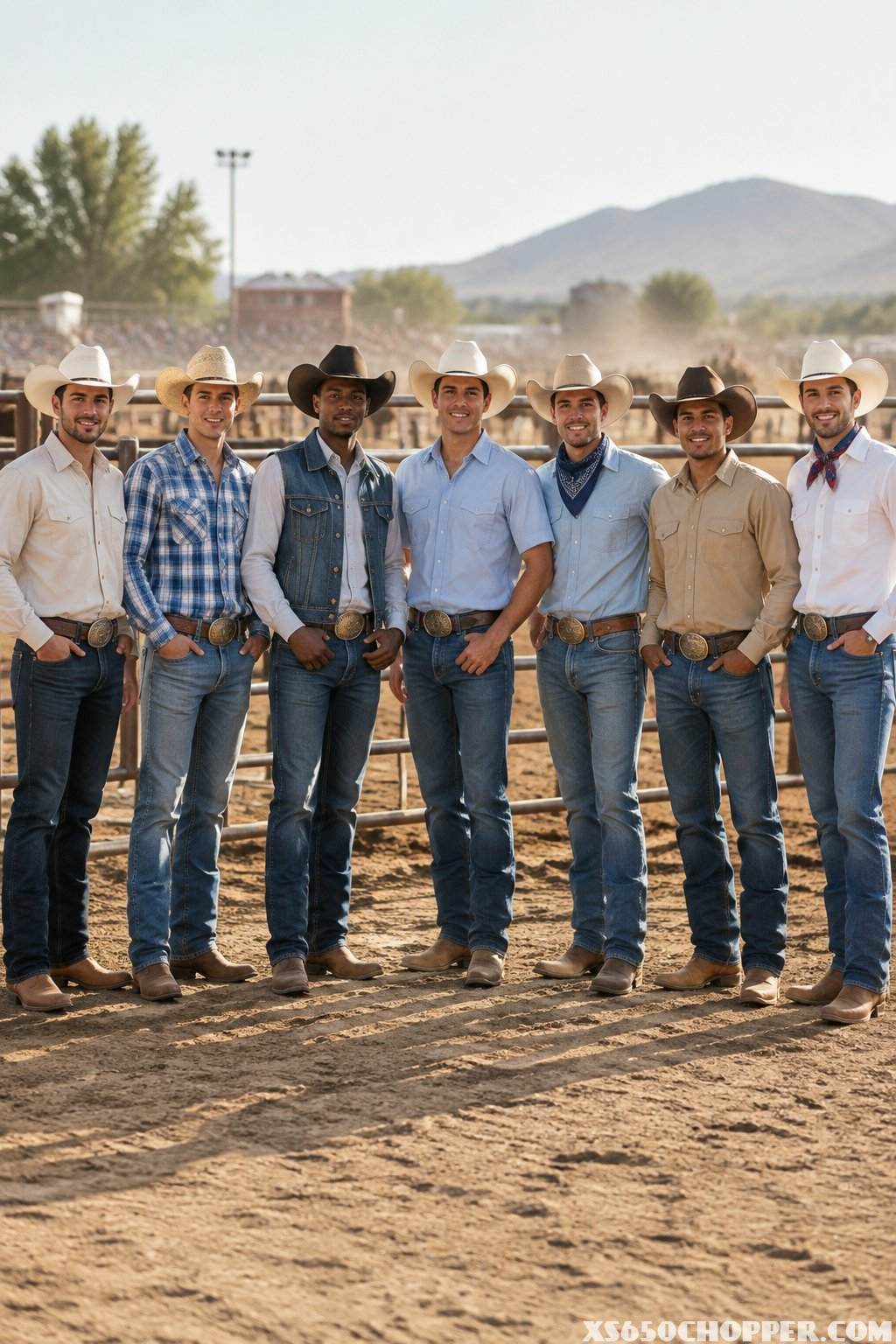 Seven cowboys in different summer outfits stand together beside a rodeo arena.