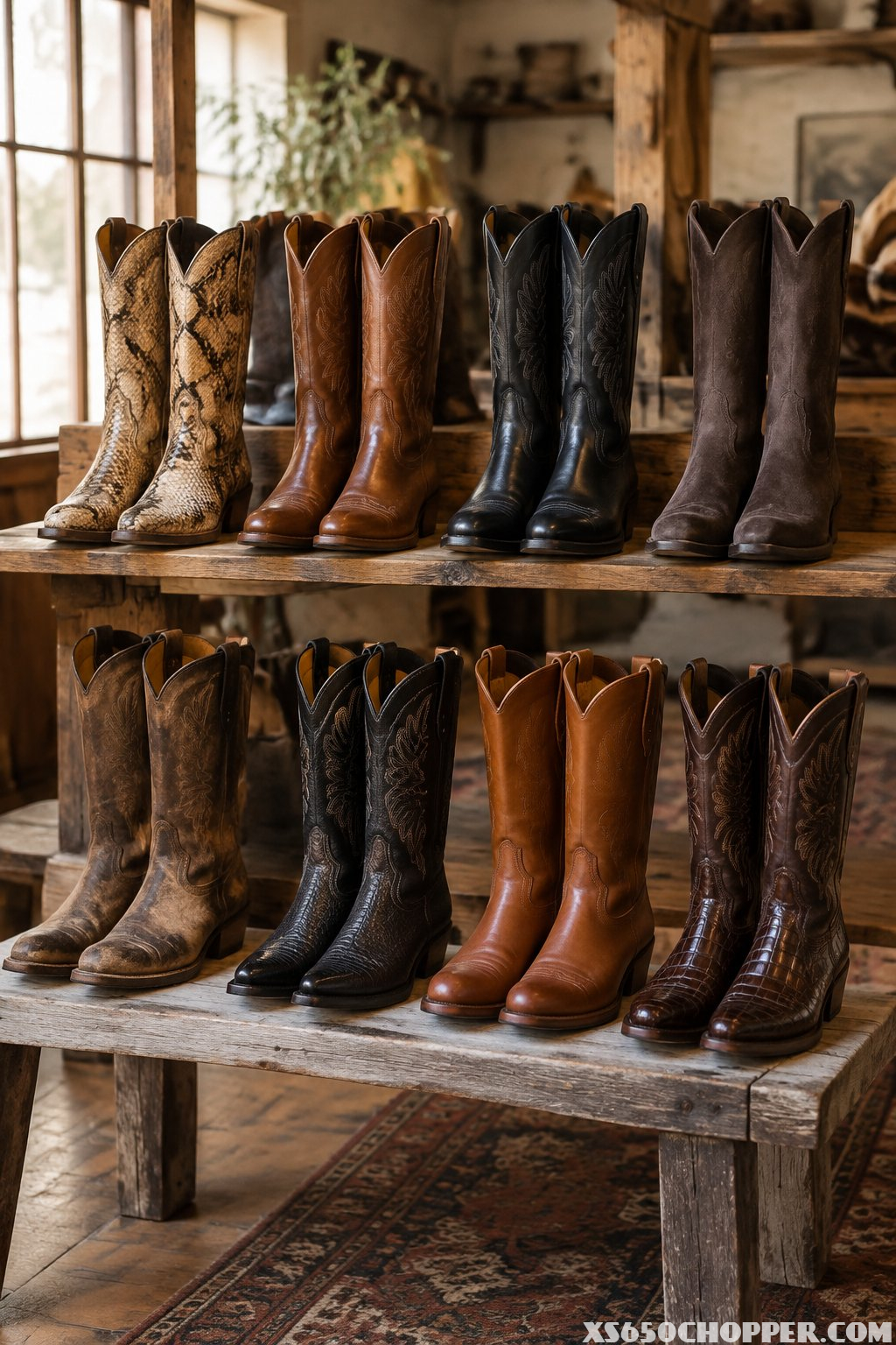 A collection of cowboy boots displayed on wooden shelves and a bench.