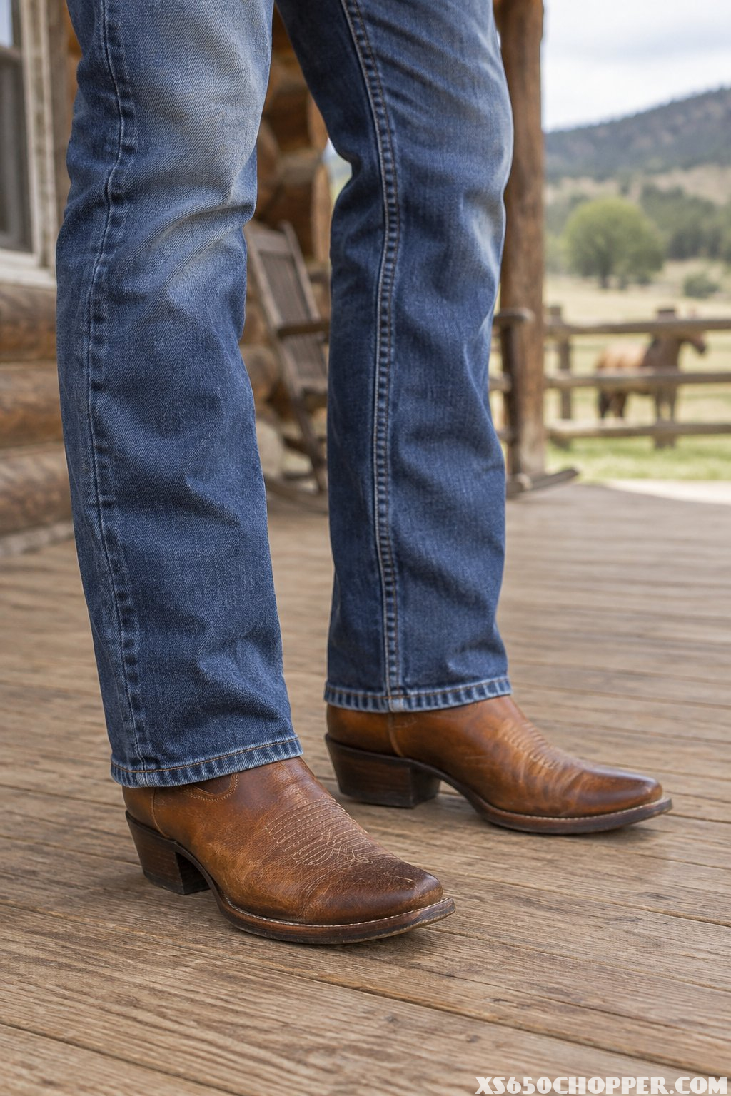 A man in blue jeans wearing brown cowboy boots on a wooden porch.