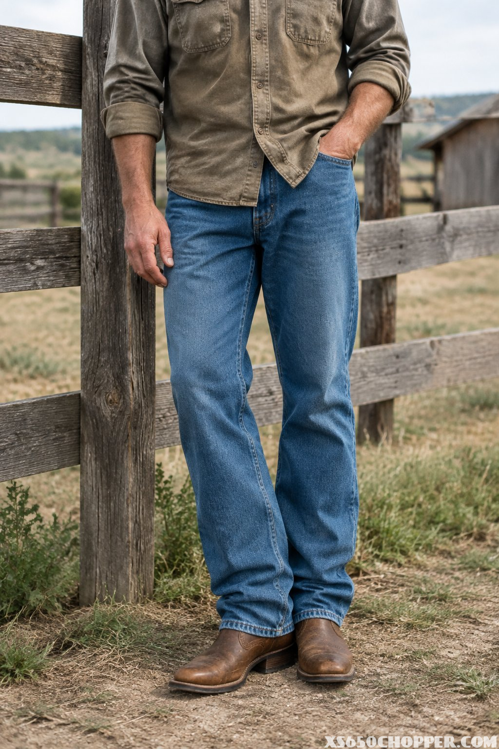 A man in jeans and a work shirt stands beside a wooden fence.
