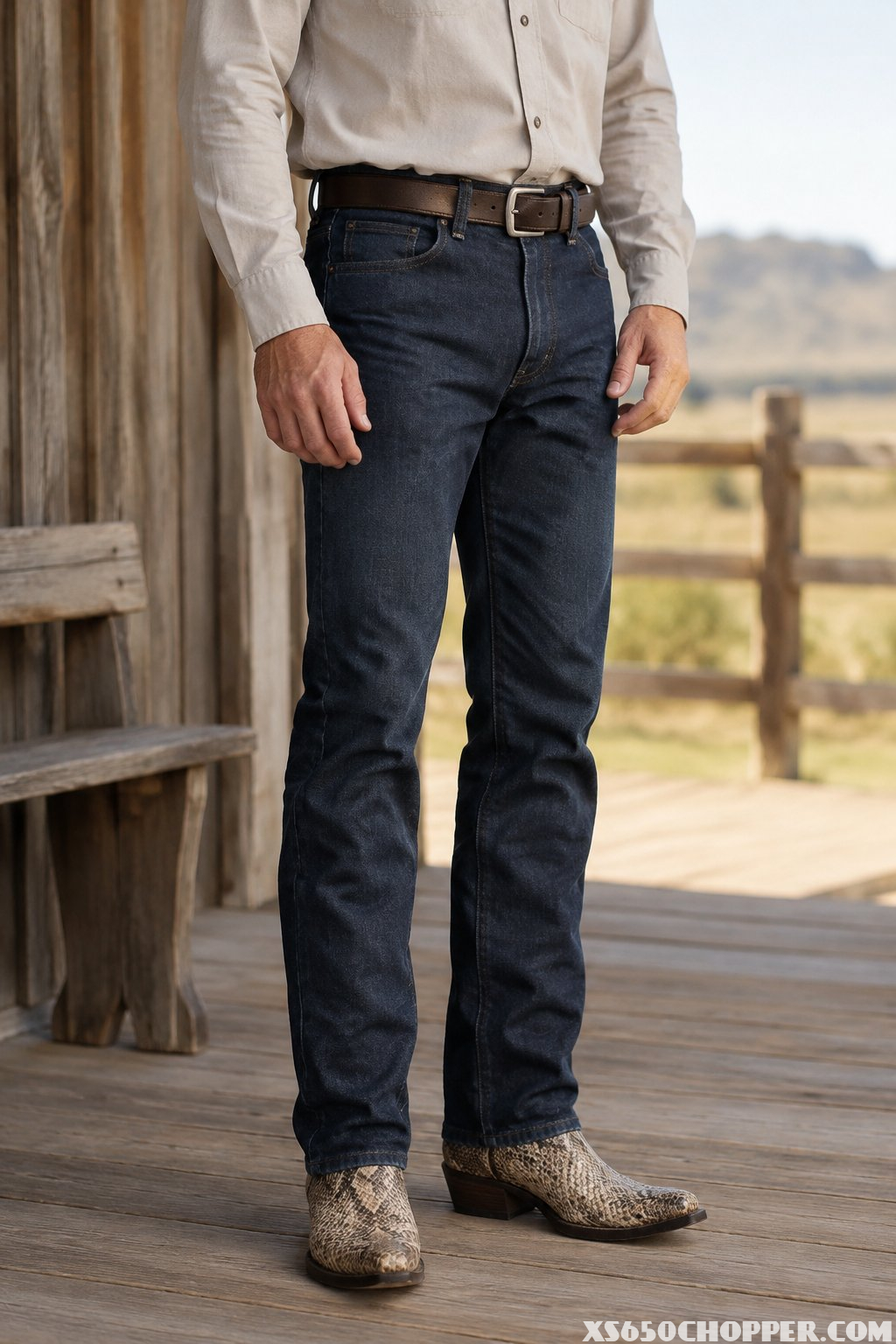 A man wearing patterned cowboy boots and jeans stands outside.
