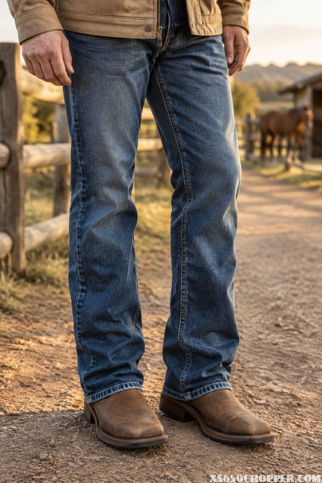 A man in jeans and work boots stands on a ranch walkway.