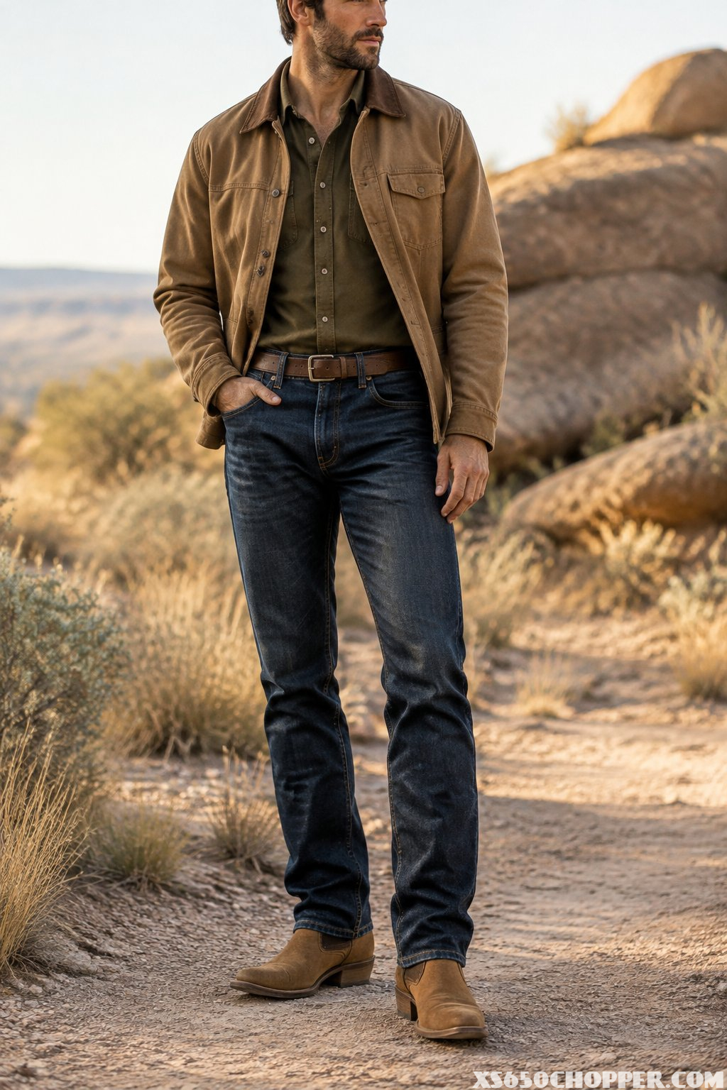 A man wearing suede cowboy boots and layered earth-tone clothing stands on a dusty trail.