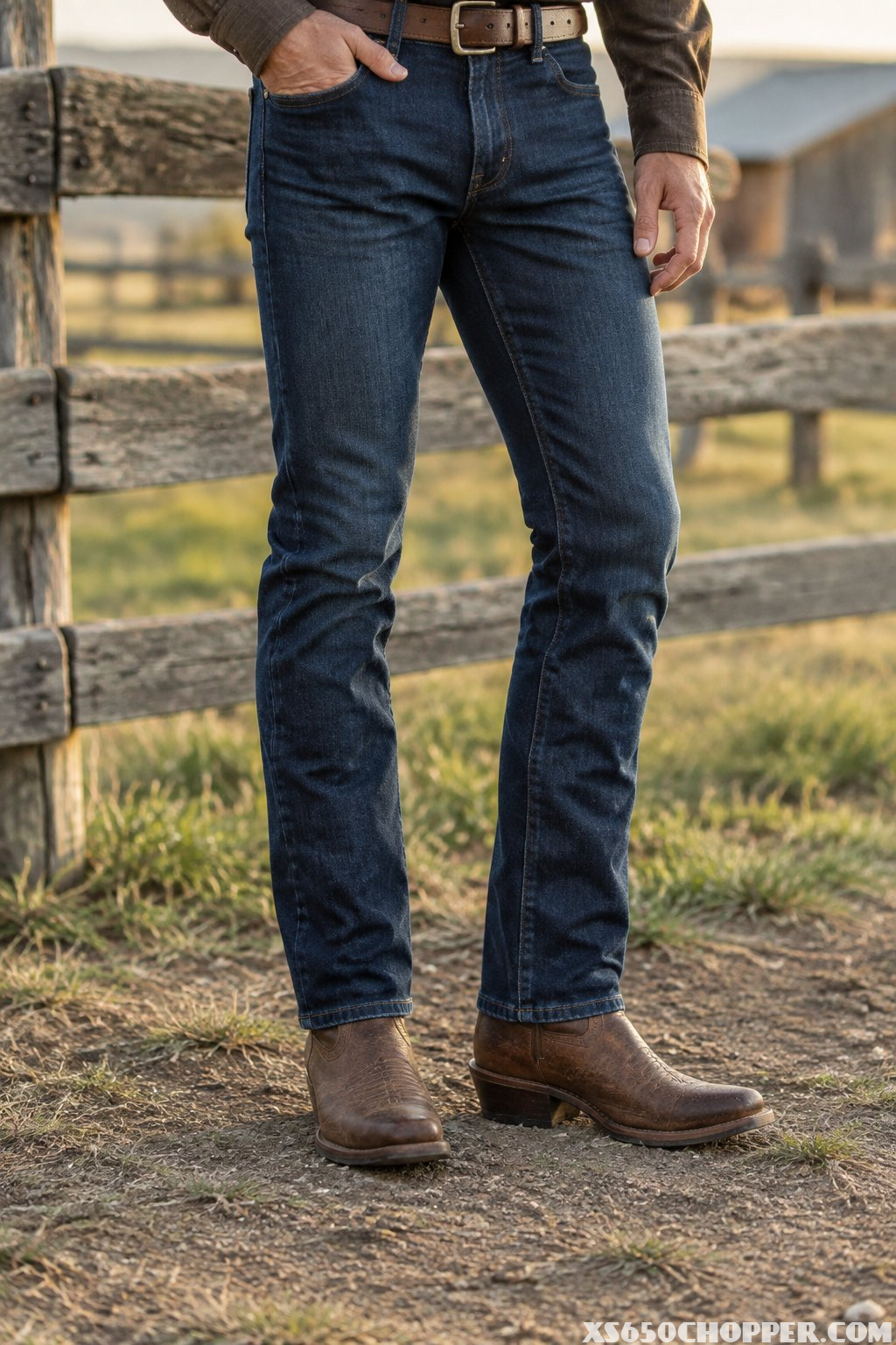 A man wearing jeans and leather boots stands outdoors.