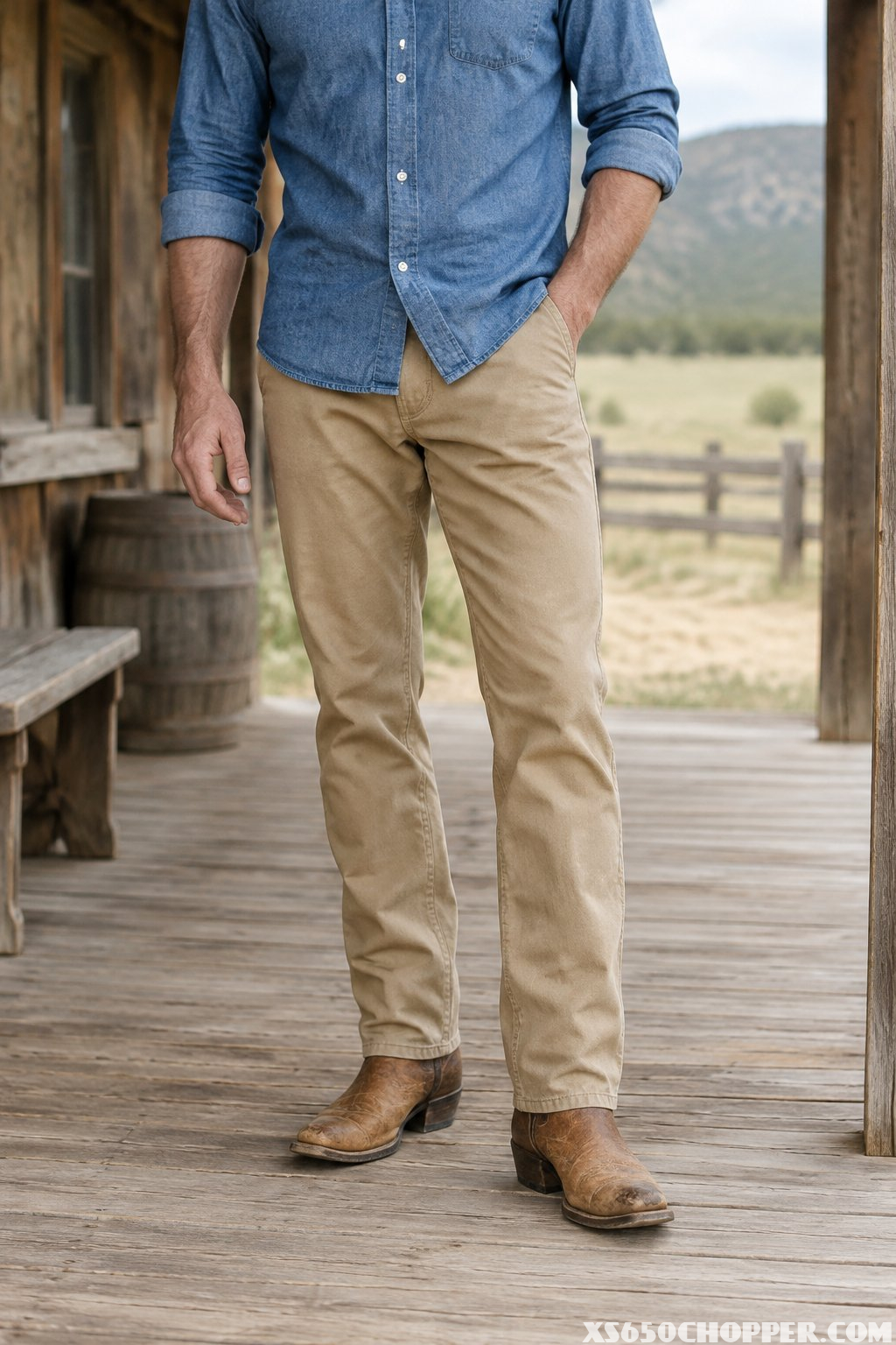 A man stands on a wooden walkway wearing boots, chinos, and a blue shirt.
