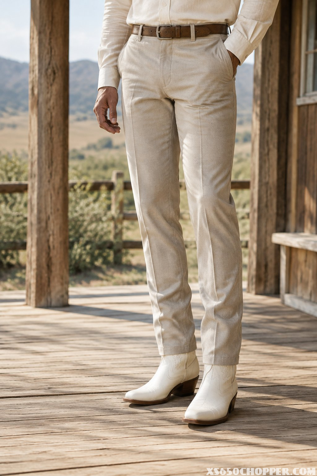 A man wearing white cowboy boots and light-colored clothing stands on a porch.